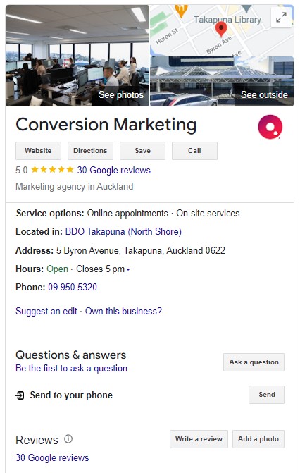 Example of a completed Google Business Profile