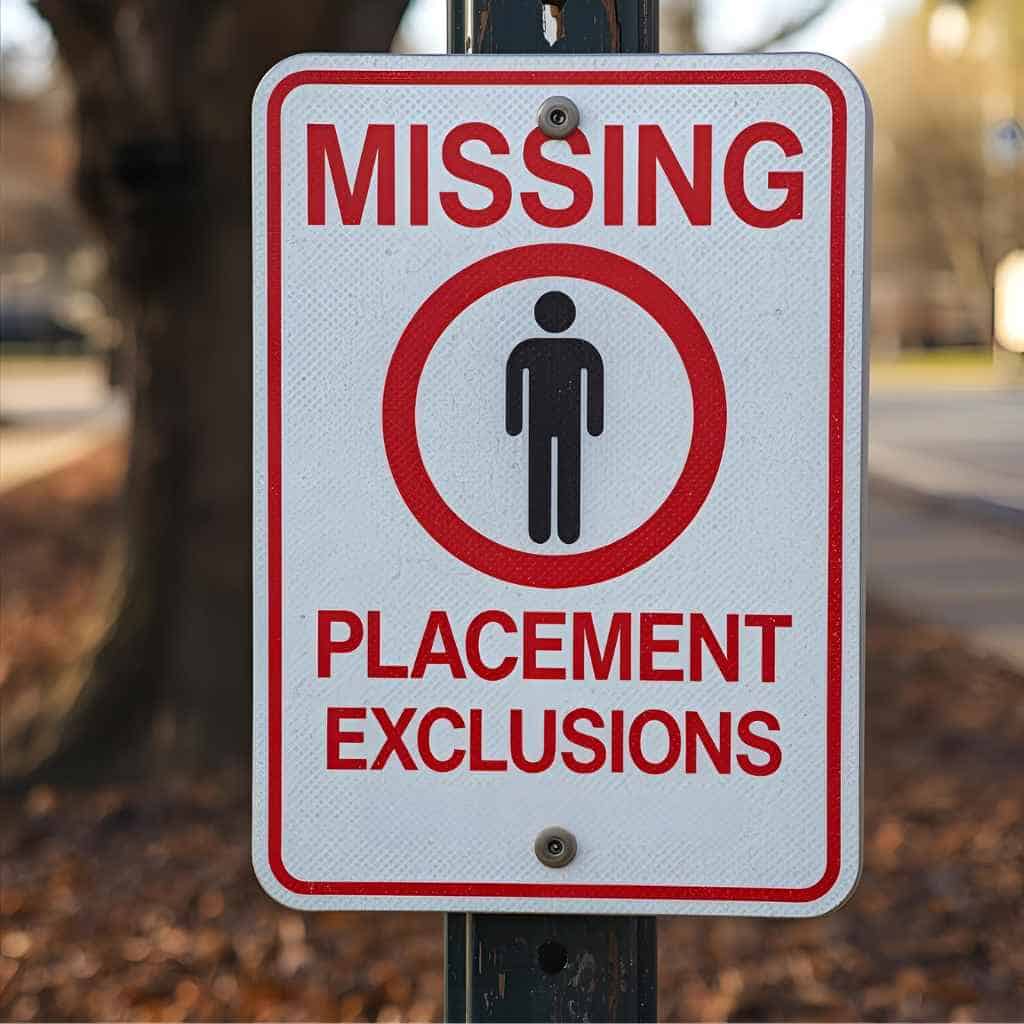 A missing placement exclusions sign that looks like a missing persons sign, bolted to a lampost